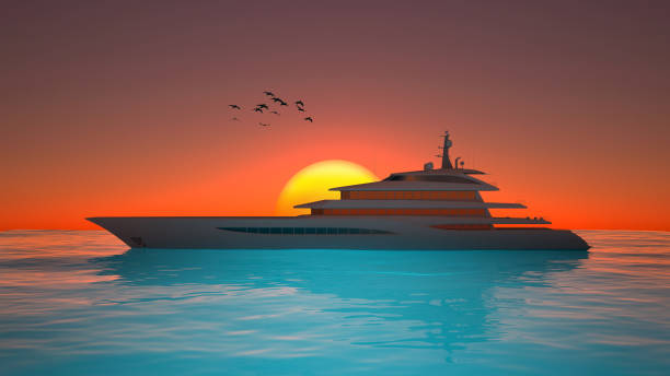 istock modern long yacht in sunset with flying birds 1423374533