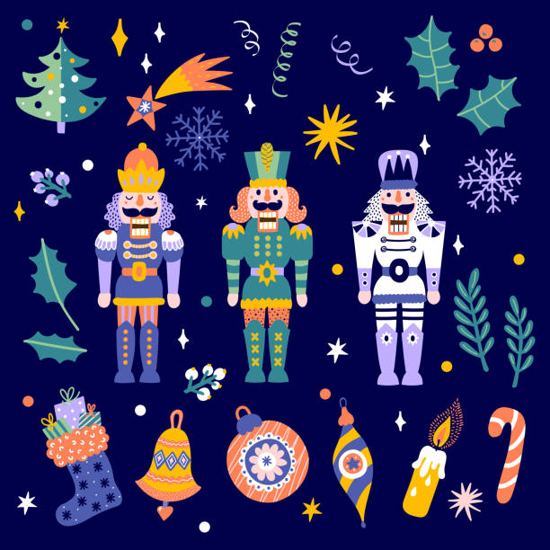 illustrazioni stock, clip art, cartoni animati e icone di tendenza di set natalizio con lo schiaccianoci. - nutcracker