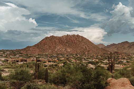 Phoenix Arizona wide shot of expansive mountain range from trail with cacti