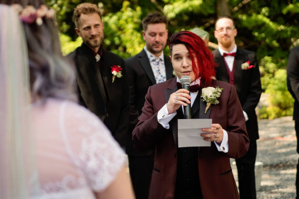 istock Lesbian brides at LGBTQ+ wedding ceremony outdoors in summer. 1423376275