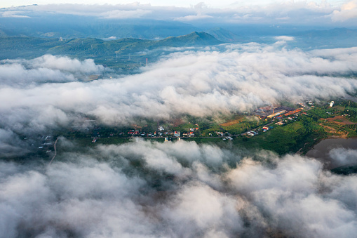 Drone view sunrise on the cloud in a cloudy day in Dien Dong, Dien Khanh town, Khanh Hoa province, central Vietnam
