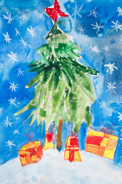 istock children's diy watercolor drawing on textured paper - green fluffy christmas tree with garlands and star in snow and gifts. spruce or fir against blue sky and falling snow. kids art handmade painting 1423377520