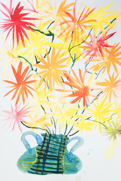 istock children's diy watercolor drawing on textured paper - vase with bouquet bright blooming chrysanthemum flowers in full bloom as festive salute or fireworks red yellow color. kids art handmade painting 1423377583