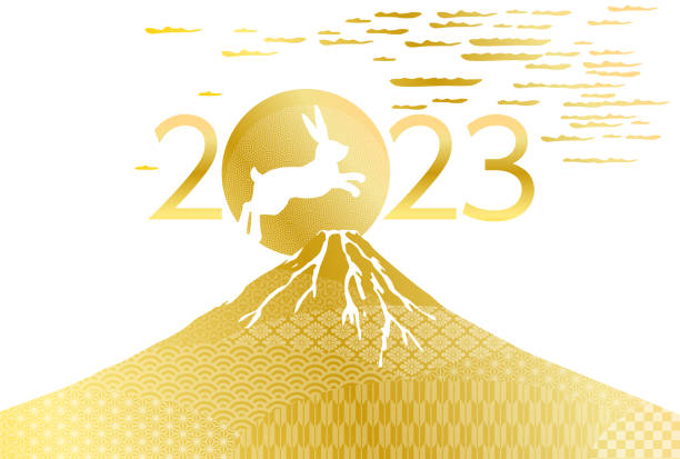 ilustrações de stock, clip art, desenhos animados e ícones de 2023 new year's card-japanese pattern mt.fuji and rabbit illustration material - kanji japanese script japan text