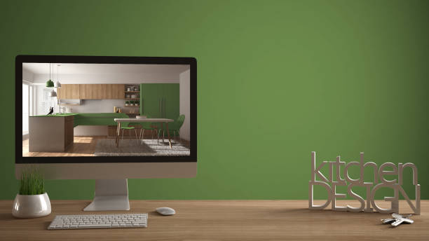 istock Architect designer project concept, wooden table with house keys, 3D letters making the words kitchen design, computer showing interior draft, green pantone background copy space 1423382495