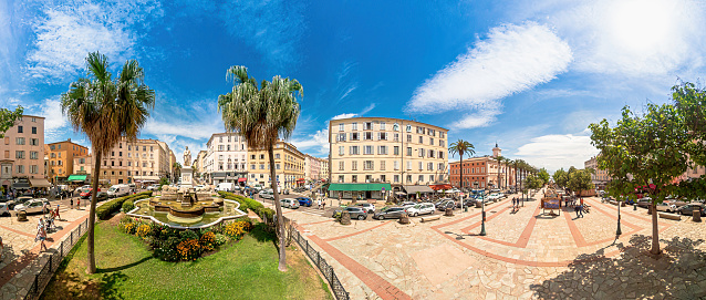 Ajaccio, Corsica, France - June 2022: Aerial 360 degrees panorama of Foch square with the statue of Napoleon. Ajaccio capital city of Corsica island. 360 degrees panorama.