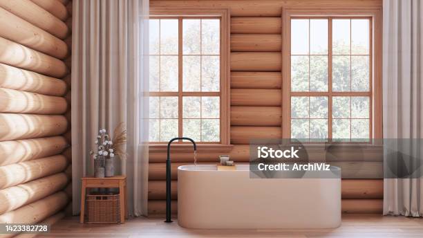 Wooden Farmhouse Log Cabin In White And Beige Tones Vintage Bathroom With Bathtub Panoramic Windows Rustic Interior Design Stock Photo - Download Image Now