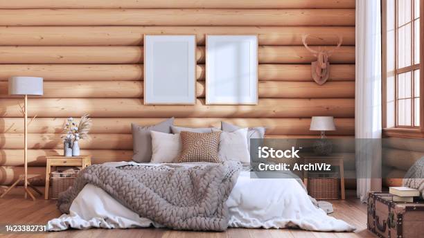 Log Cabin Bedroom In White And Beige Tones Double Bed With Blanket And Duvet Wooden Side Tables Frame Mockup Farmhouse Interior Design Stock Photo - Download Image Now