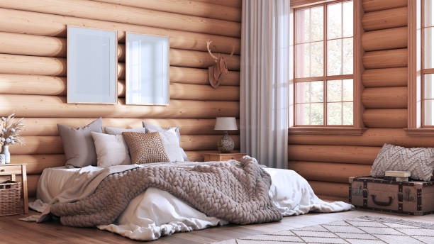 log cabin bedroom in white and beige tones. double bed with blanket and duvet, carpet and parquet. frame mockup, farmhouse interior design - rustic bedroom cabin indoors imagens e fotografias de stock