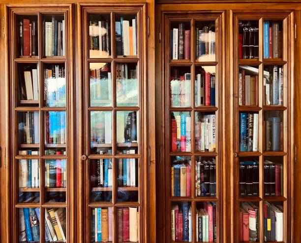 istock Bookshelves behind glass window 1423385132