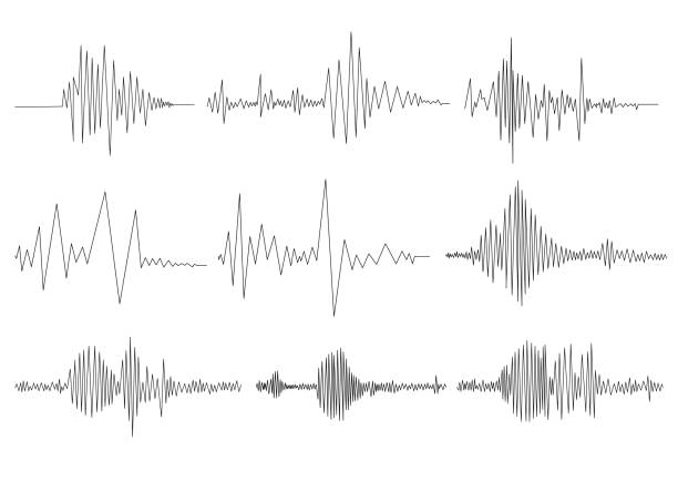 Earthquake seismogram or music volume waves set. Earthquake seismogram or music volume waves set. Seismograph vibration or magnitude recording chart collection. Polygraph lie test detector diagram record. Vector illustration. heartbeat line stock illustrations
