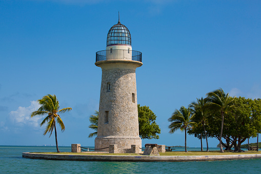 Historic, iconic Boca Chita lighthouse at the entrance to Boca Chita Key Harbor at Biscayne National Park in Florida