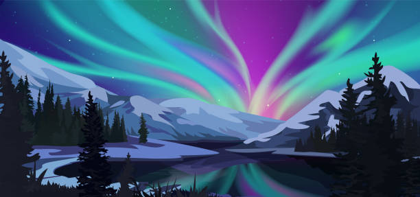 stockillustraties, clipart, cartoons en iconen met aurora borealis. green northern lights above mountains. winter night landscape. - noorderlicht