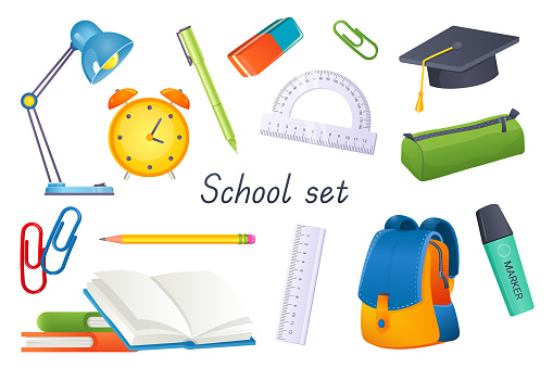 School tools 3d realistic set. Bundle of table lamp, pen, eraser, paper clip, ruler, graduation hat, pencil case, stack of textbooks, backpack, marker and other isolated elements.Vector illustration