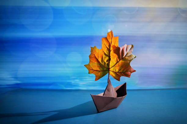 Trees with yellow leaves on the river bank. A yacht with a white sail is sailing on a blue river.