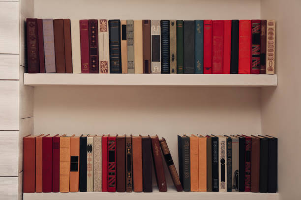 istock Collection of different books on shelves. Home library 1423393415