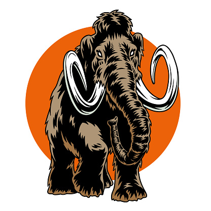 Mammoth walking, the sun on a background. Mascot style ice age giant animal isolated vector illustration. Good for poster or t shirt design.