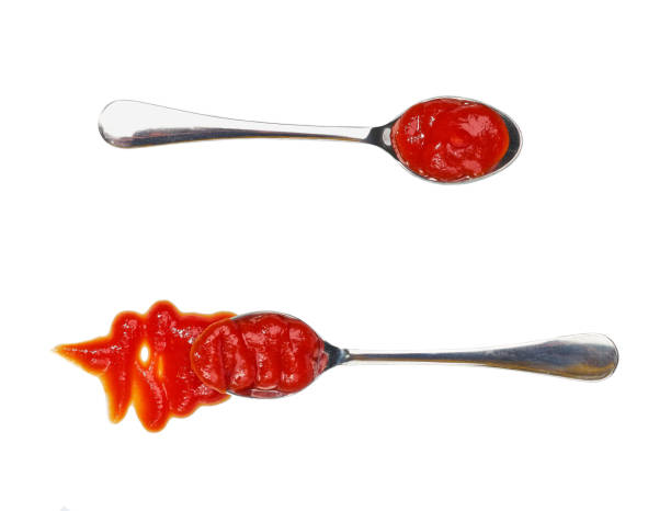istock Tomato ketchup in small metal spoon  isolated on white background,top view 1423397669