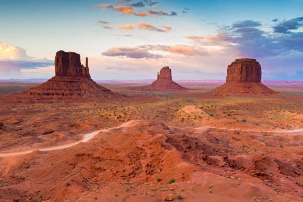 Wide angle panoramic view of Monument Valley at the Utah Arizona border, USA, North America.