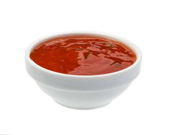 istock Red hot chilli pepper sauce in ceramic bowl isolated on white ba 1423400534