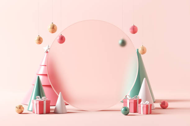 Pastel circle background with bauble balls and gift box for Christmas decoration holiday, Copy space. Stand for Promotion Product stock photo