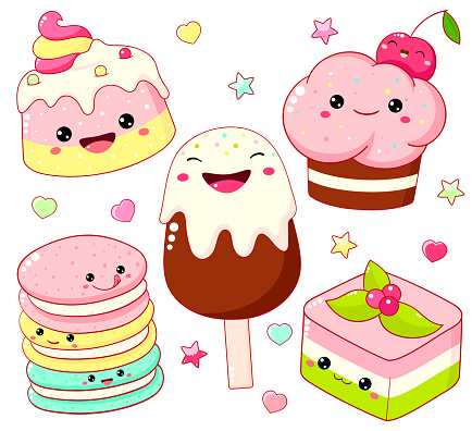 Set Of Cute Sweet Desserts In Kawaii Style With Smiling Face And Pink  Cheeks For Sweet Design Stock Illustration - Download Image Now - iStock