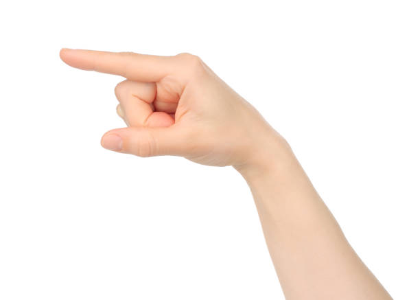 istock Woman hand shows virtual touching, on white background 1423405561