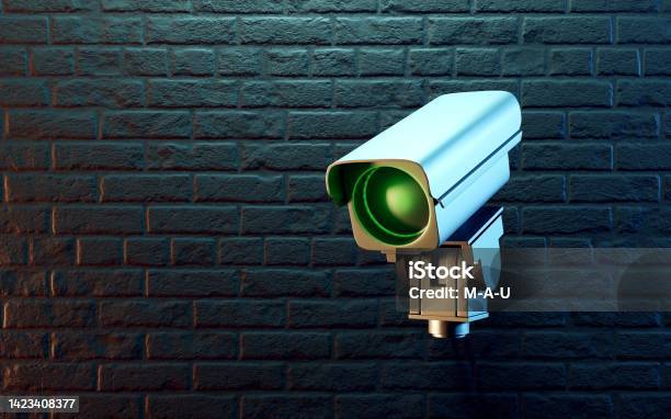 Security Rendered Wall Security Camera On Dark Wall 3d Render Stock Photo - Download Image Now ...
