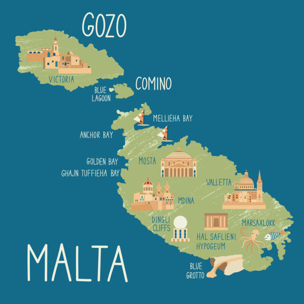 stockillustraties, clipart, cartoons en iconen met hand drawn illustrated map of malta, gozo and comino. concept of travel to the malta. colorful vector illustartion. country symbols on the map. - maltese eilanden