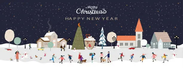 Vector illustration of Winter scene at night with snowing and people celebrating orhaving fun in the city park at night with dark blue sky background,Vector backdrop for Christmas and Happy New Year 2023 banner