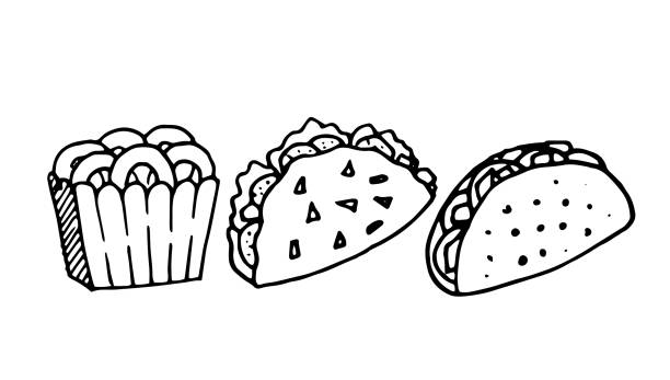 chrupiące krążki cebuli i ilustracja tacos - restauracja meksykańska stock illustrations