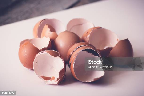 Broken Egg Shells Close Up Eggshell On White Table Stock Photo - Download Image Now