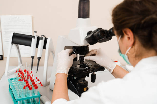 istock Laboratory assistant looks into microscope and makes blood test in the laboratory. Medical equipment for hematological and biochemical blood tests in a medical clinic. 1423411844