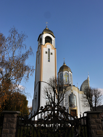 Belfry and Cathedral of the Supreme Apostles Peter and Paul of the Greek Catholic community in the Ukrainian city of Chortkiv