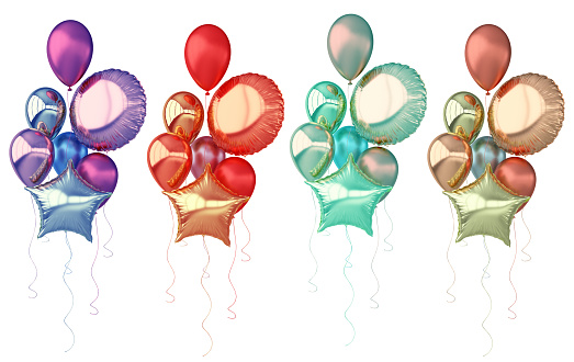 Colorful and golden foil balloons isolated on white background. 3d render element for birthday party, Valentine`s day, presentation. Sphere and star shape