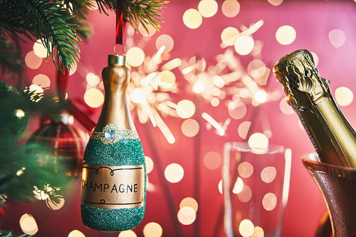 Christmas Decoration with Champagne Bauble and Holiday Lights