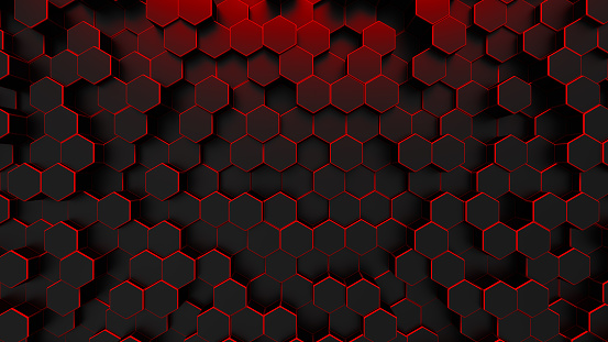 Futuristic digital technological background. Low poly hexagonal shape with red neon glowing light.  Sci-fi background.