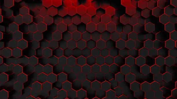 Photo of Futuristic digital technological background. Low poly hexagonal shape with red neon glowing light. Sci-fi background.