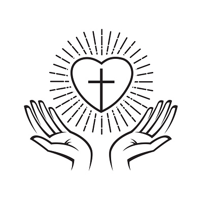 icon of heart, cross and hands isolated on white background