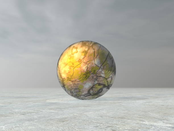 Golden metallic yellow sphere ball in grey background - 3d render