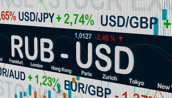 Display with ticker board. Different exchange rates with price changes. In the middle RUB / USD rate. Trading, currency and stock exchange concept. 3D illustration.