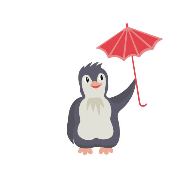 illustrazioni stock, clip art, cartoni animati e icone di tendenza di simpatico pinguino dei cartoni animati con un ombrello luminoso. illustrazione vettoriale per bambini stampa. - fairy penguin