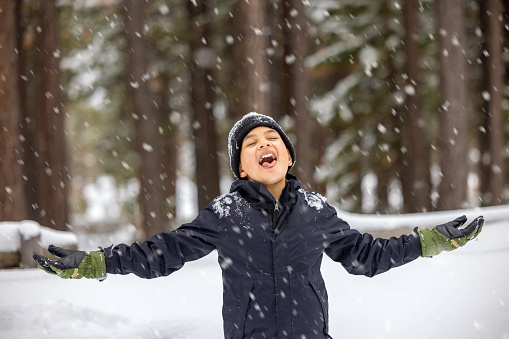 High quality stock photos of a boy playing in the snow at Lake Tahoe during a snow storm.