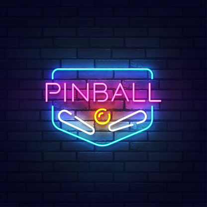 Pinball neon sign, bright signboard, light banner. Pinball label neon, emblem. Vector illustration