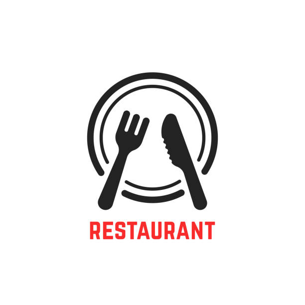 illustrazioni stock, clip art, cartoni animati e icone di tendenza di forchetta e coltello sul piatto come icona del ristorante - chef lunch food gourmet