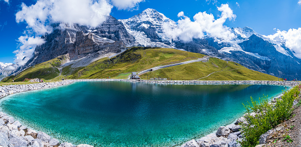 Fallbodensee under Eiger and Jungfrau Glaciers in Bernese Alps, Switzerland