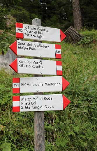 sign with the places of the Italian mountain near the village of San Martino di Castrozza in Northern Italy