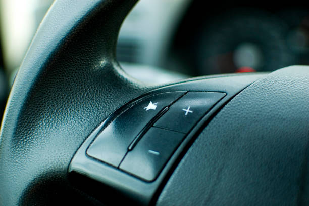 istock Close up steering wheel in modern car. 1423433424