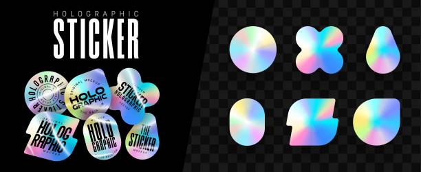 Holographic stickers. Hologram labels of different shapes. Colored blank rainbow shiny emblems, label. Paper Stickers. Vector illustration Holographic stickers. Hologram labels of different shapes. Colored blank rainbow shiny emblems, label. Paper Stickers. Vector illustration hologram stock illustrations