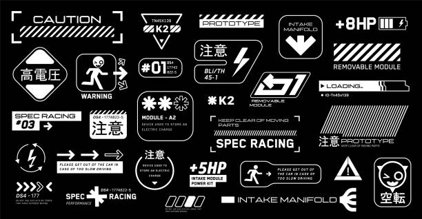 illustrations, cliparts, dessins animés et icônes de ensemble de décalcomanies cyberpunk motorsport. - guerrier